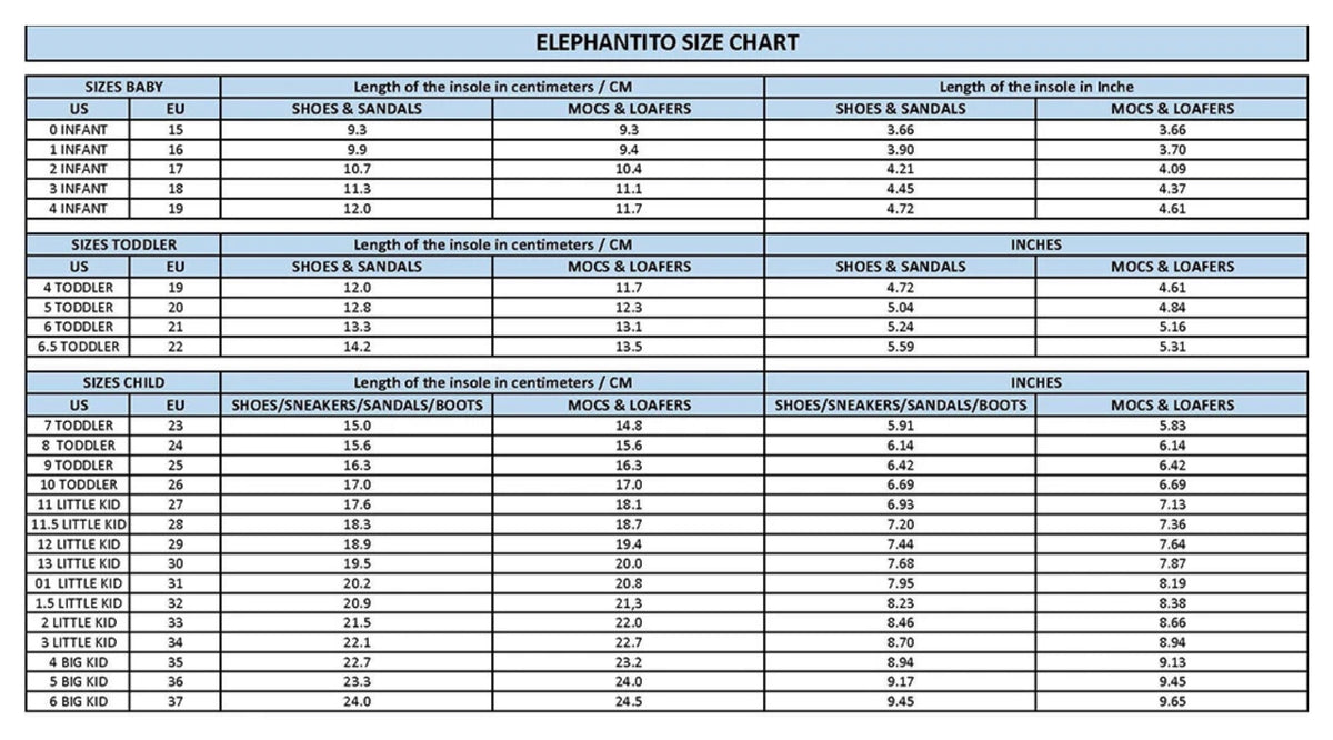 Elephantito Toddler Shoes Size Chart Cheap Sale