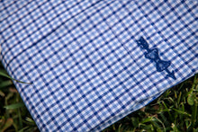 Load image into Gallery viewer, Pocket detail of a Haddrell's Point Blue button down shirt.