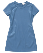 Load image into Gallery viewer, A short-sleeve blue dress with a smooth, slightly shiny finish, displayed flat against a solid white background.