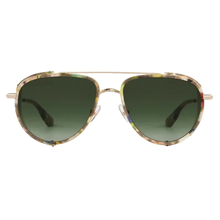 Load image into Gallery viewer, Aviator sunglasses with gold frame and dark lenses on a white background