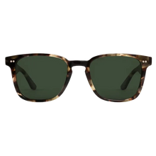 Load image into Gallery viewer, Sunglasses with tortoiseshell frame and dark lenses on a white background