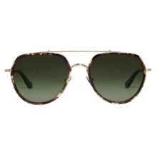 Load image into Gallery viewer, Sunglasses with a gold frame and dark lenses on a white background