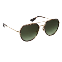 Load image into Gallery viewer, Sunglasses with gold frame and green lenses on a white background