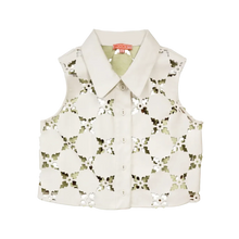 Load image into Gallery viewer, Olive Sleeveless Button Down Top - White Laser Cut Leather