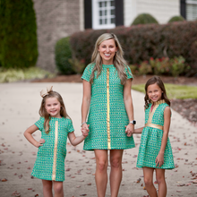 Load image into Gallery viewer, Mimi Dress- Emerald Isle Bouclé Tweed with Gold Stripe