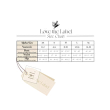 Load image into Gallery viewer, Love the Label size chart with a tag on a white background