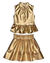 Load image into Gallery viewer, A two-piece girls' outfit set featuring a sleeveless metallic gold peplum top and a matching tiered metallic gold skirt, displayed on a clean white background.