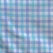 Load image into Gallery viewer, Swatch of Mount Pleasant Plaid, a gingham style plaid of Blue, Aqua, and White.