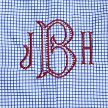 Load image into Gallery viewer, Close up of the James Island John John in Battery Blue Windowpane with red initials
