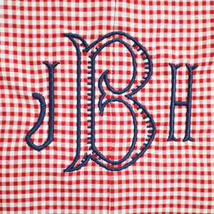 Close up of monogram on James Island John John in Rutledge Red